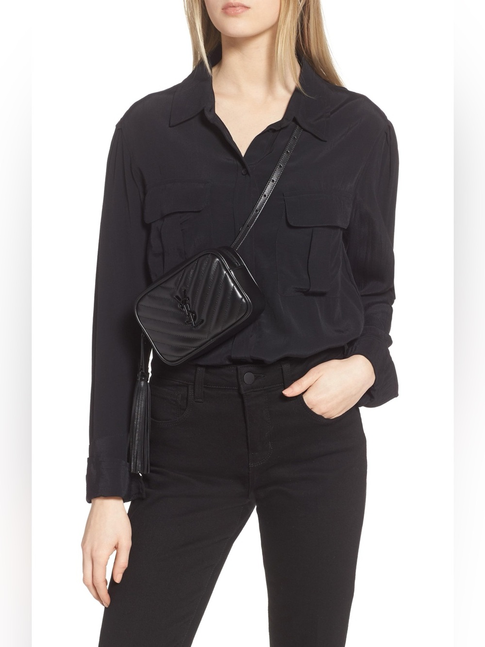 Saint Laurent Black Quilted Leather Camera Belt Bag with Tassel Brand New